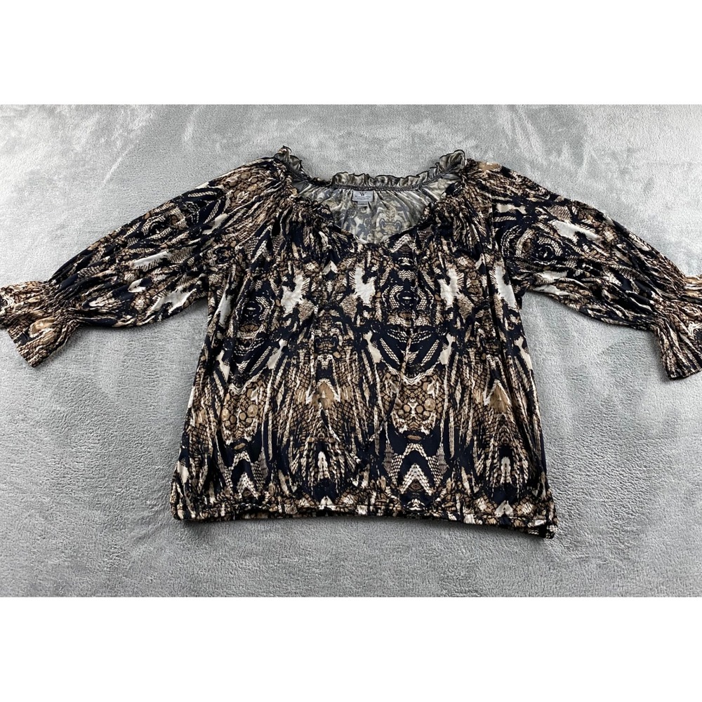 Worthington Woman Stretch Snakeskin Print Ruffle Tie Neck Blouse Plus 1X Brown - Picture 2 of 13
